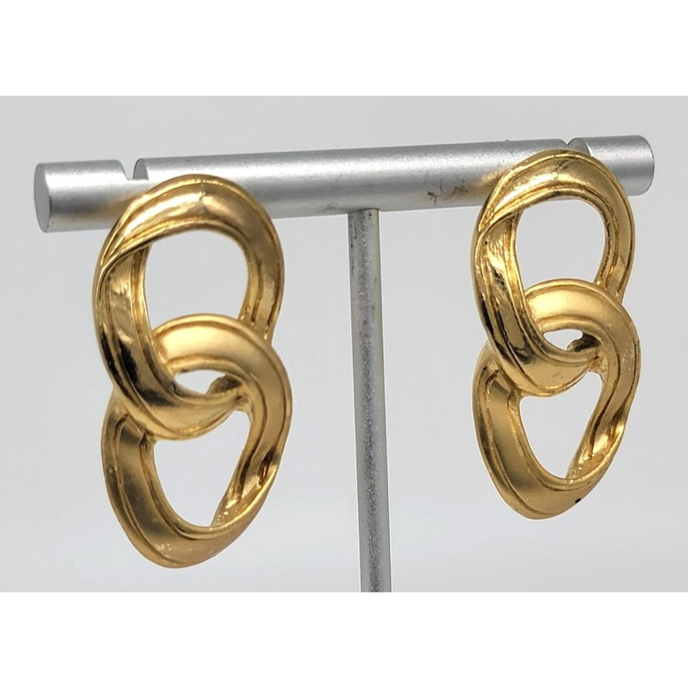Gold Tone Double Link Drop Dangle Earrings Abstract Modernist Post Back Vintage